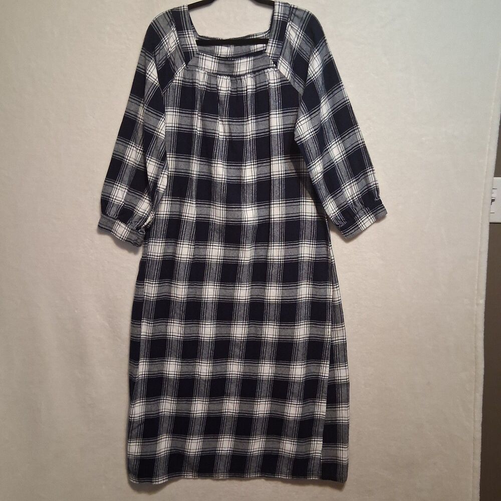 Latuza L Nightgown Maxi 100% Cotton Flannel Navy Plaid Square Neck Cottage Cozy